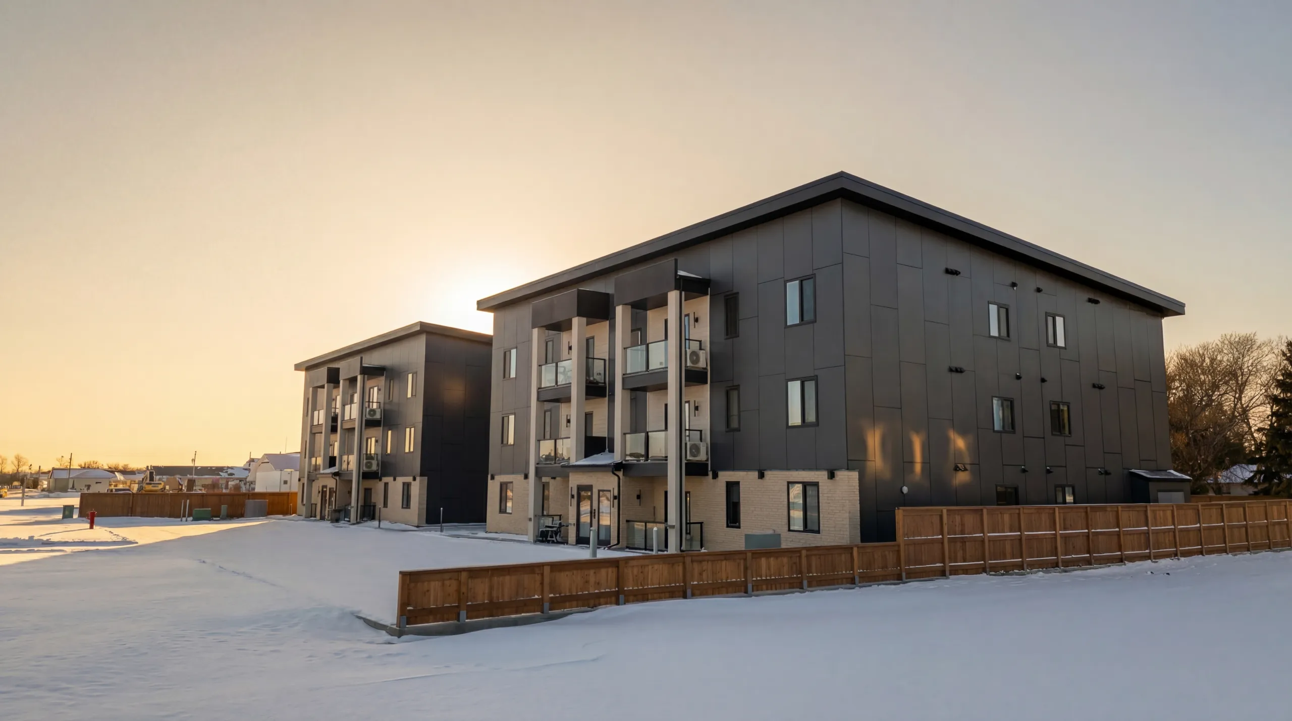 A Silver Leaf Developments townhome exterior at dusk